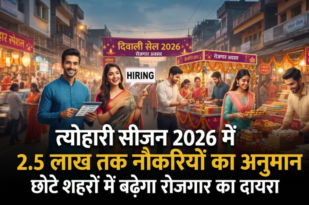 त्योहारी सीजन 2026 में 2.5 लाख तक नौकरियों का अनुमान, छोटे शहरों में बढ़ेगा रोजगार का दायरा त्योहारी सीजन 2026 में 2.5 लाख तक नौकरियों का अनुमान,