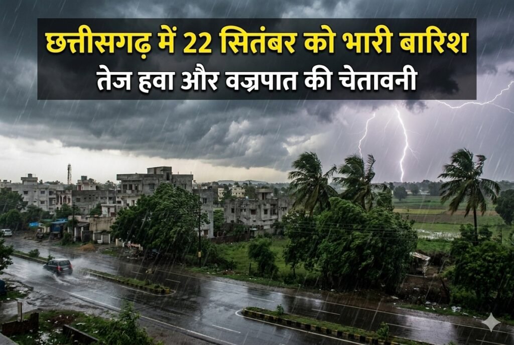 CG Weather: छत्तीसगढ़ में आज भारी बारिश का अलर्ट, तेज हवा और वज्रपात का खतरा; जानें किन इलाकों में बिगड़ सकता है मौसम छत्तीसगढ़ में 22 सितंबर को भारी बारिश, तेज हवा और वज्रपात की चेतावनी।