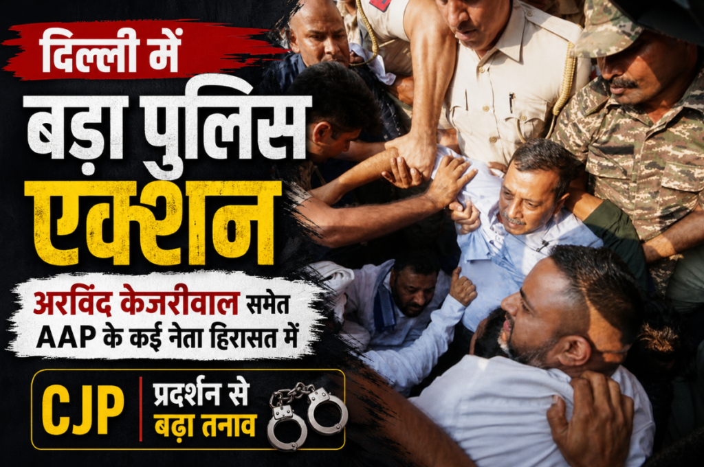 दिल्ली में बड़ा पुलिस एक्शन: अरविंद केजरीवाल समेत AAP के कई नेता हिरासत में, CJP प्रदर्शन से बढ़ा तनाव